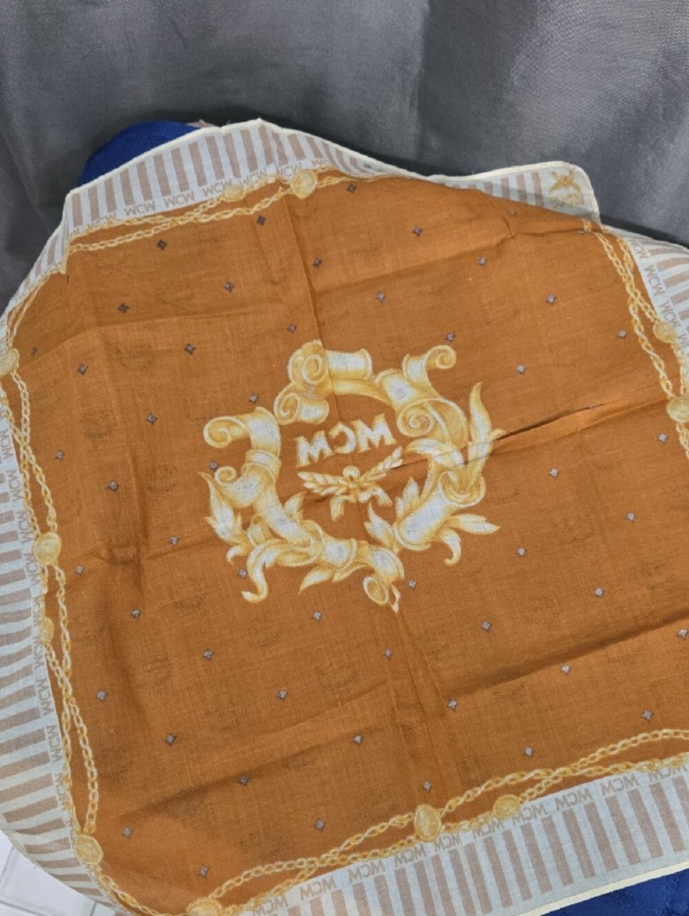 MCM Vintage Gold and Cream Logo Handkerchief Scarf - Picture 7 of 8